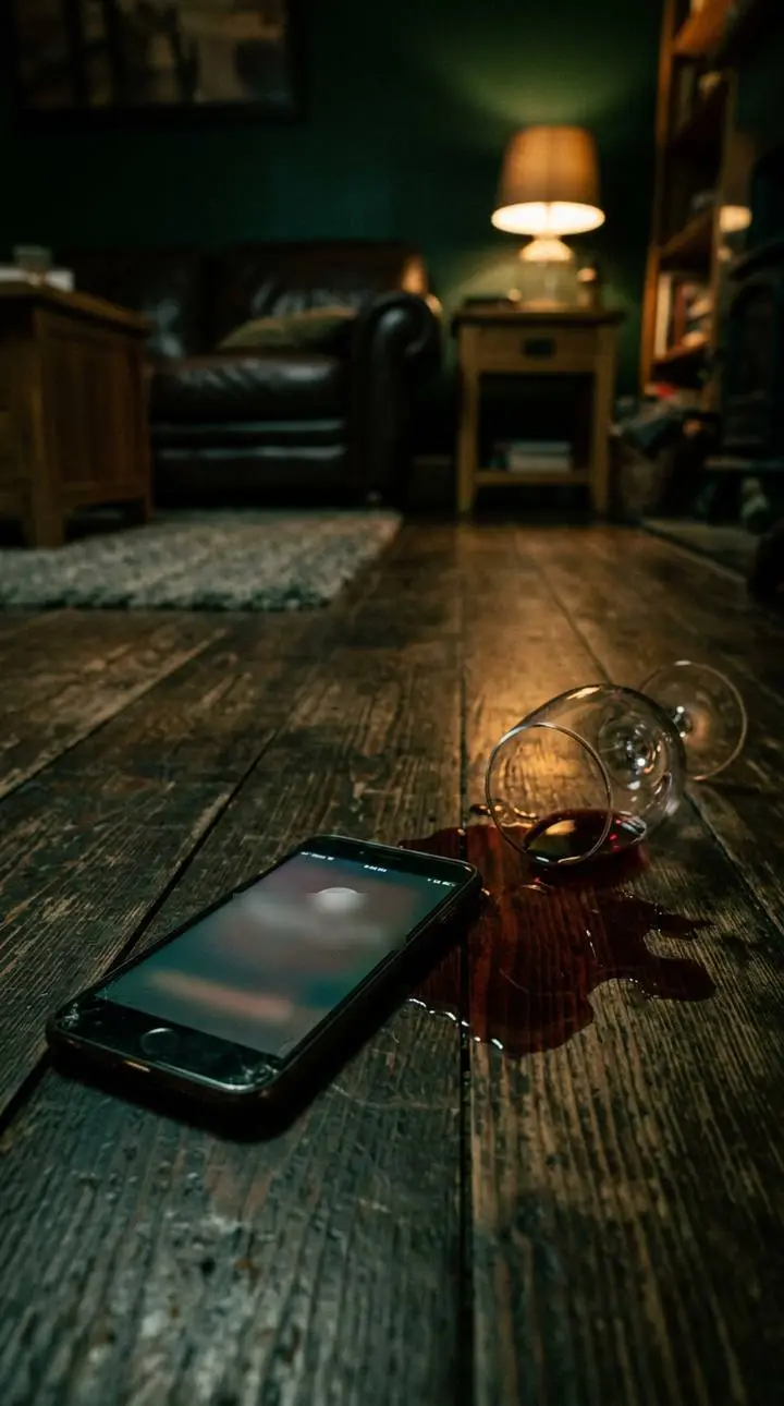 Een telefoon met een gemiste oproep naast een omgevallen wijnglas